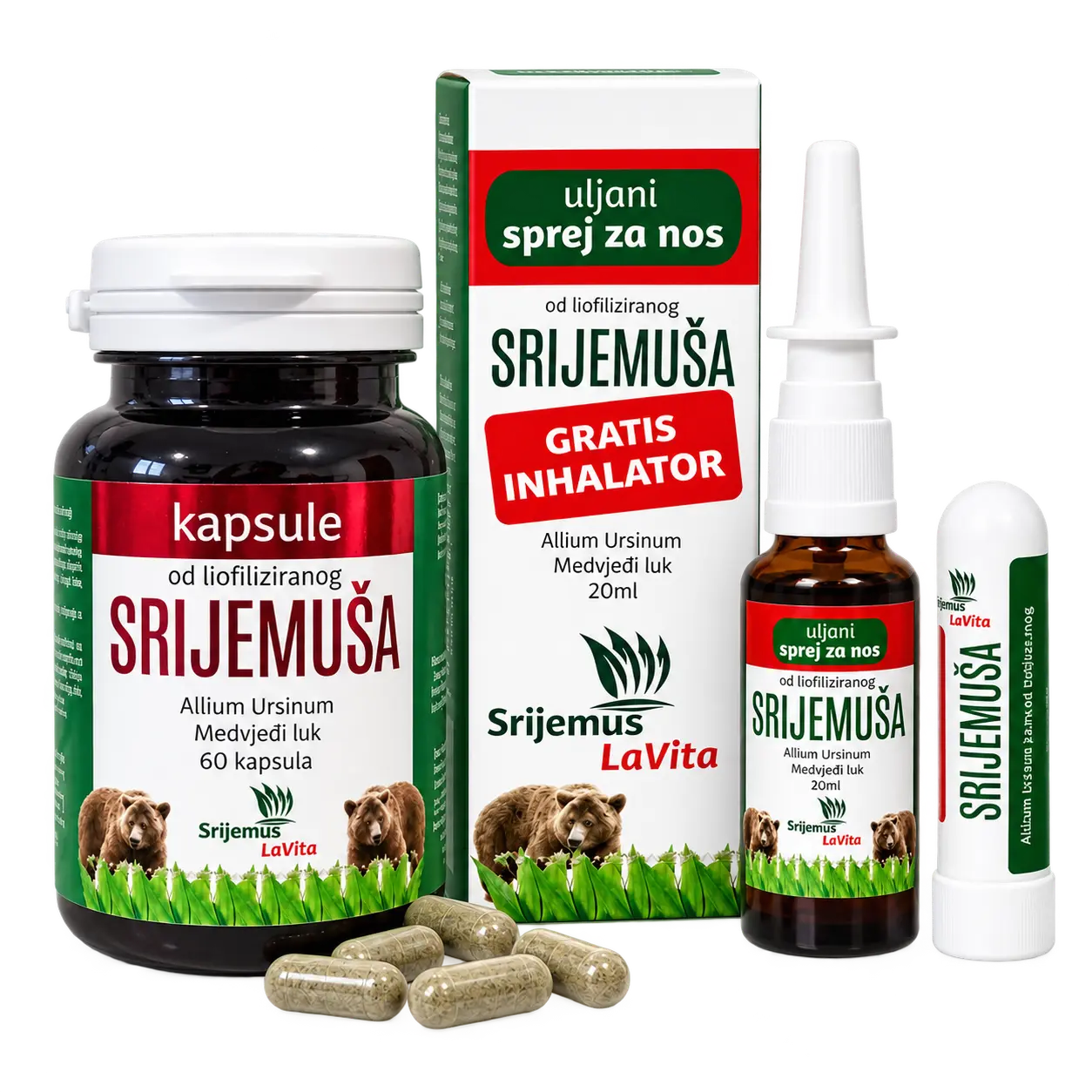 1 paket: 60 kapsula i 1 uljani sprej za nos sa inhalatorom